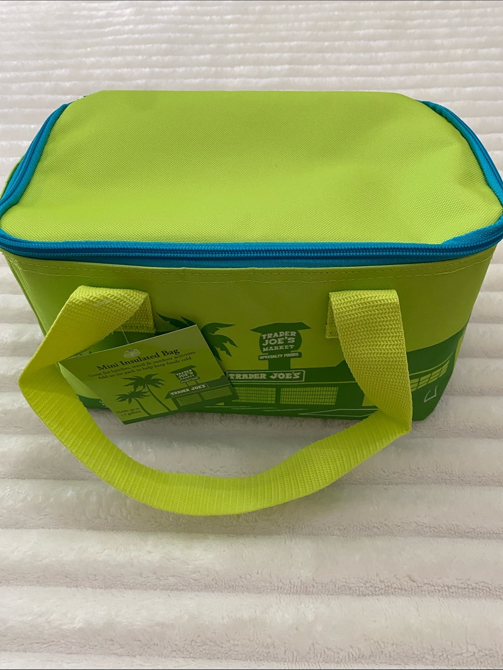 Trader Joe's Lime Green Mini Insulated Cooler Bag with Blue Trim